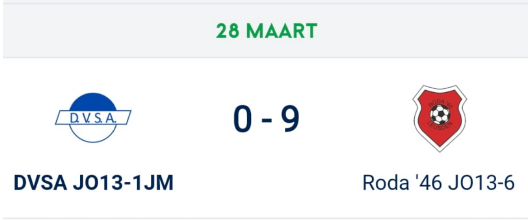 Thuiswedstrijd tegen koploper Roda JO13-6 met grote cijfers verloren 0-9.